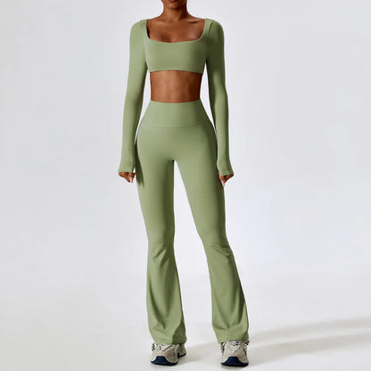 Seamless Long Sleeve Active Wear Set - Flare Pants