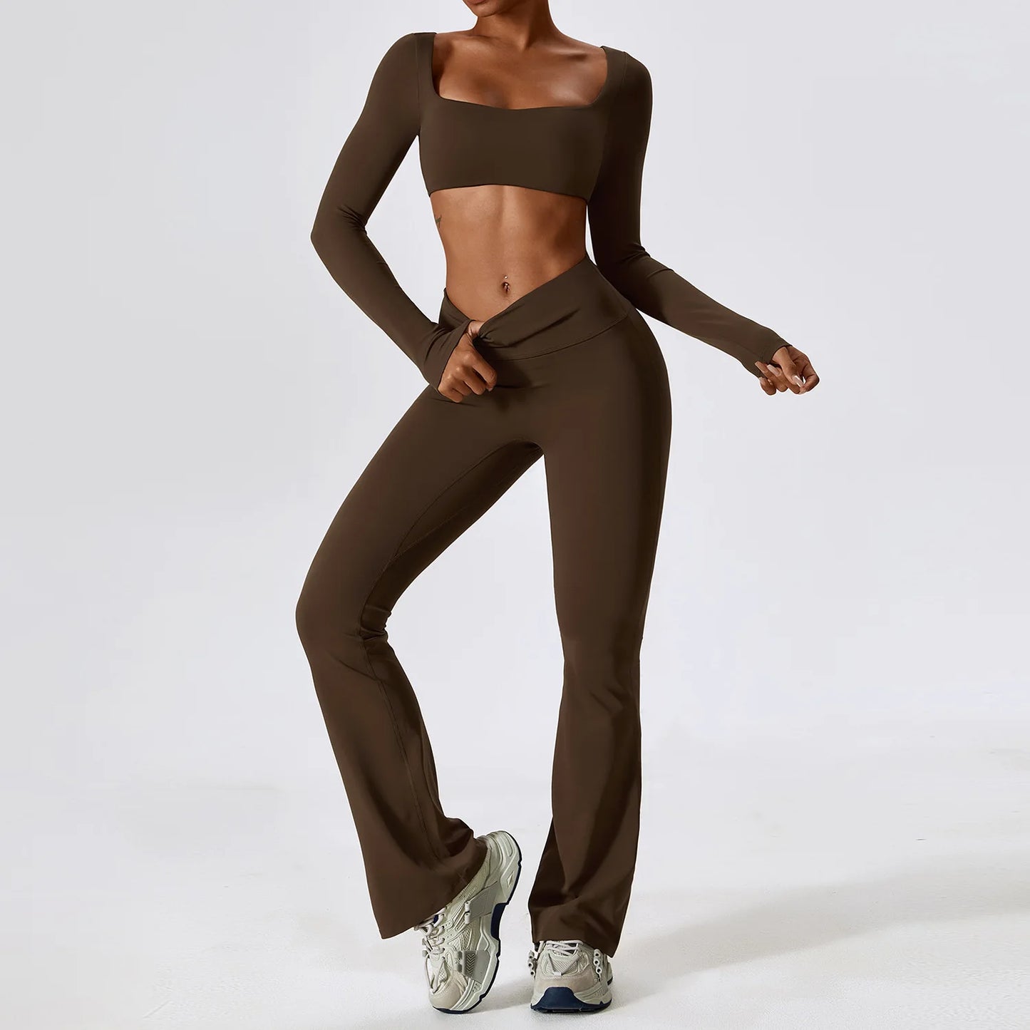 Seamless Long Sleeve Active Wear Set - Flare Pants