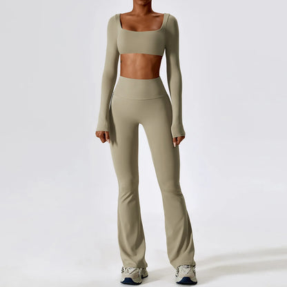 Seamless Long Sleeve Active Wear Set - Flare Pants