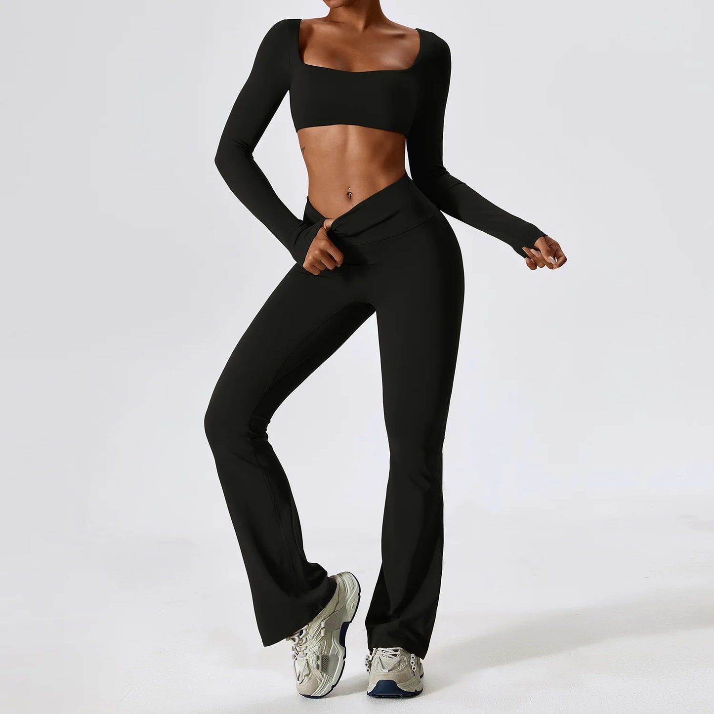 Seamless Long Sleeve Active Wear Set - Flare Pants