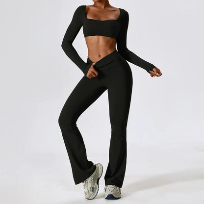 Seamless Long Sleeve Active Wear Set - Flare Pants